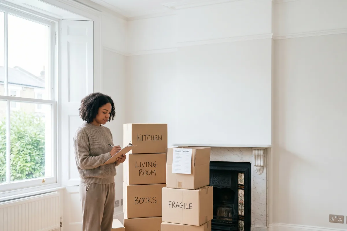 A person updating their address details on a laptop beside moving boxes.