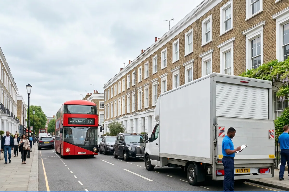 A removal van on a busy London street with period terraces, ready for a booked move.