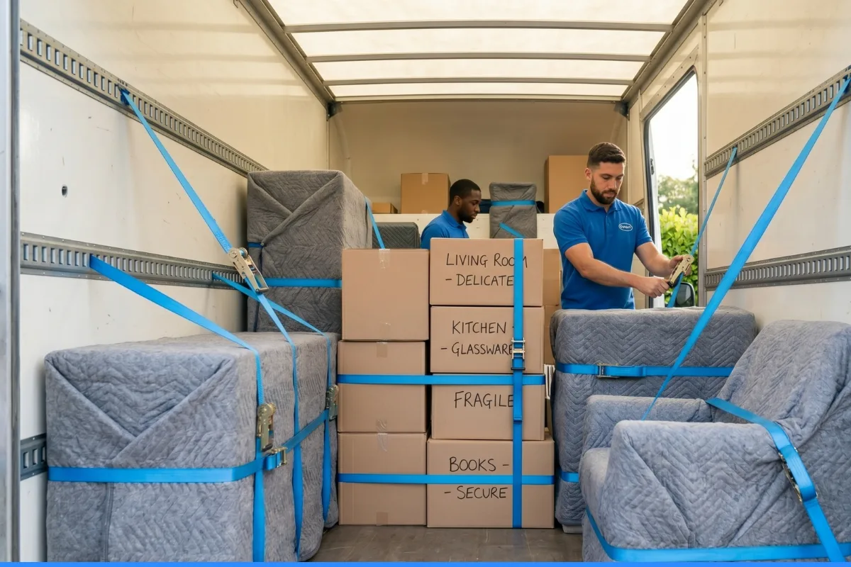 Blanket-wrapped furniture and labelled boxes stored securely, ready for a house move.
