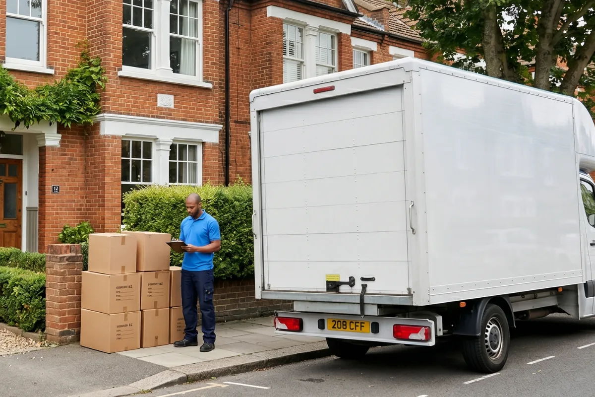A loaded removal van waiting outside a British house on completion day, ready for the keys.