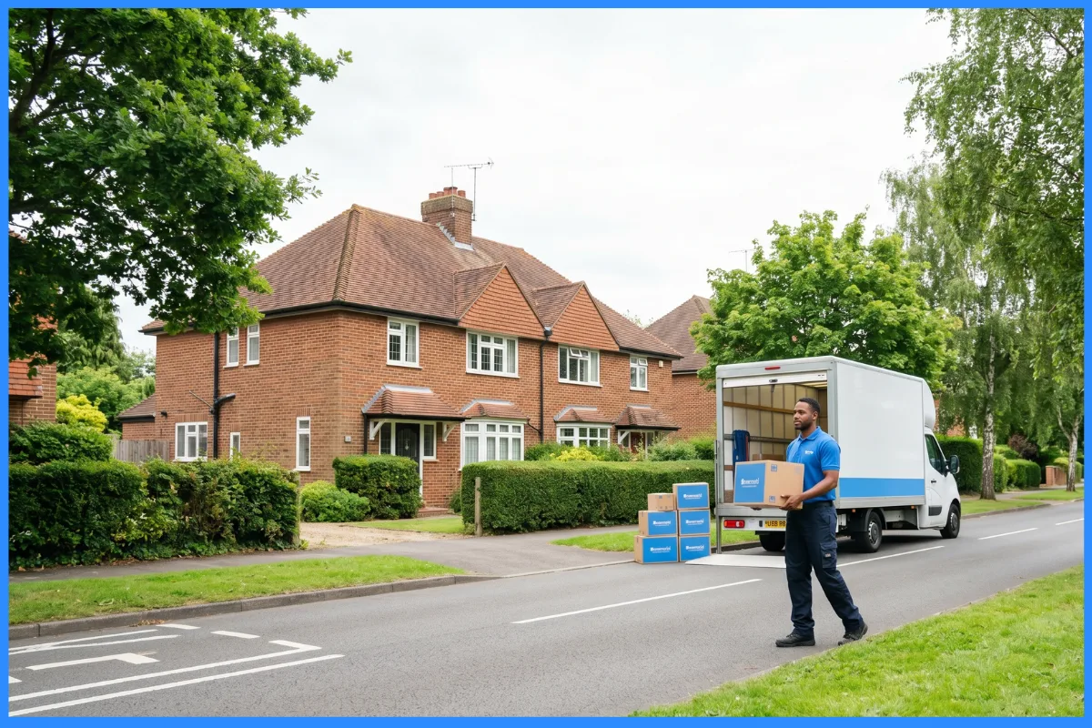 A removal van outside a Hertfordshire garden-city home with green verges.