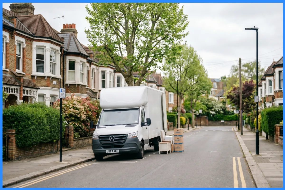 A removal van parked on a leafy North London Victorian terraced street.