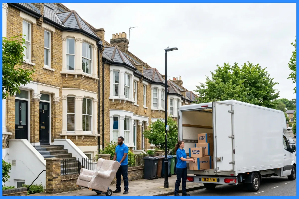 A removal van on a South East London Victorian terraced street.