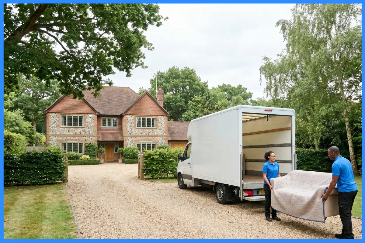 A removal van on the gravel driveway of a large detached Surrey home.