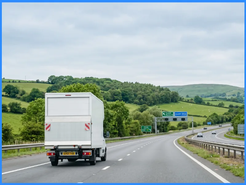 A removal van on a motorway through green Welsh countryside on a long-distance move.