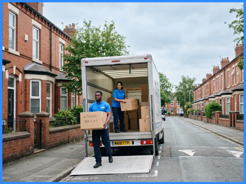 A removal van being unloaded on a red-brick Victorian terraced street in a northern city.
