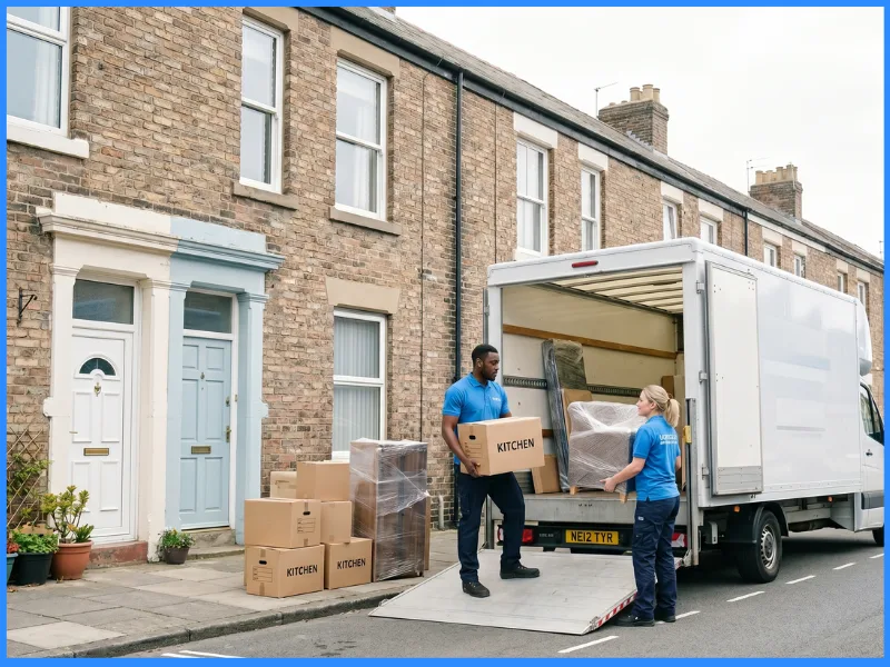 A removal van on a North East terraced street with Tyneside-style flats, movers unloading.