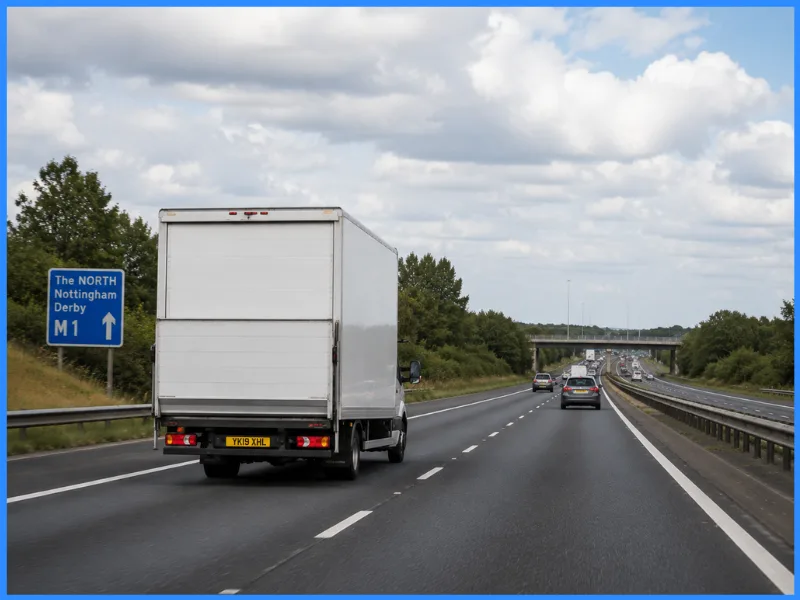 A loaded removal van on a Midlands motorway on a long-distance journey.